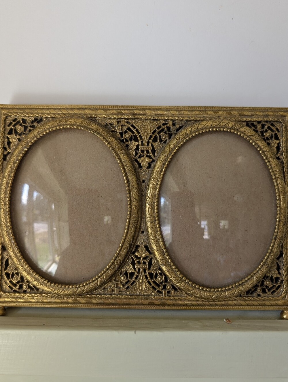 Vintage Frame Double Oval Gold Photo Ornate Filigree Beveled Glass